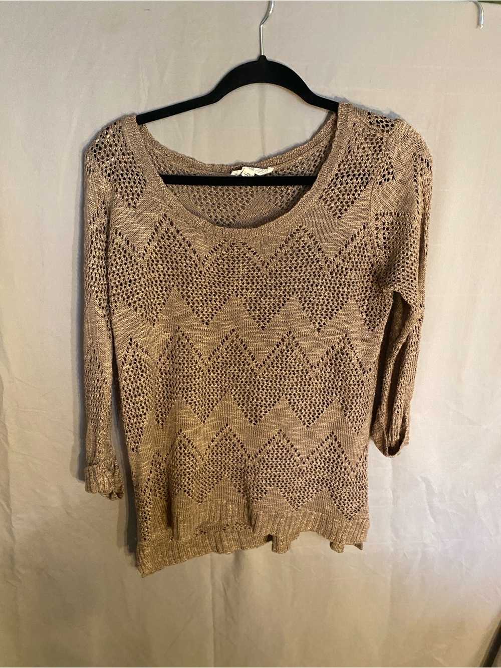 Pink Rose Open-Knit Scoop Neck Sweater in Taupe